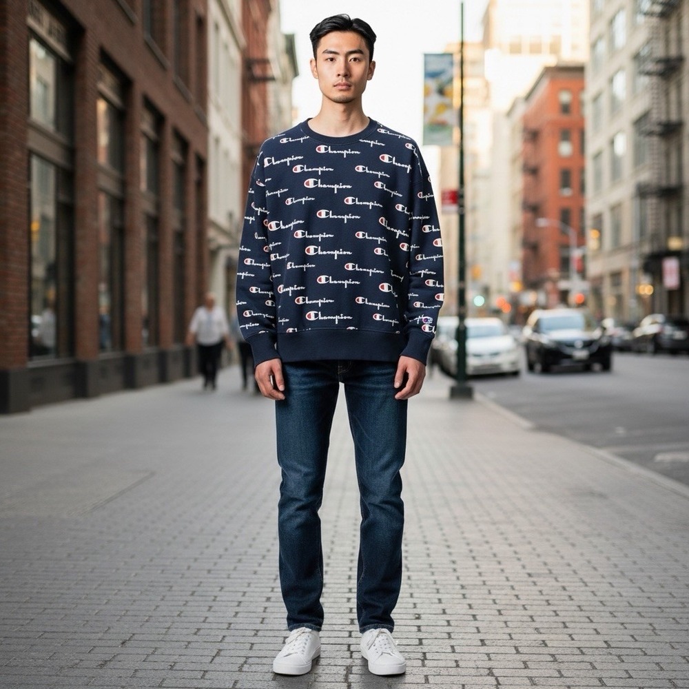 Champion Reverse Weave Men's All Over Script Navy Blue Crew Neck Sweatshirt Sz L